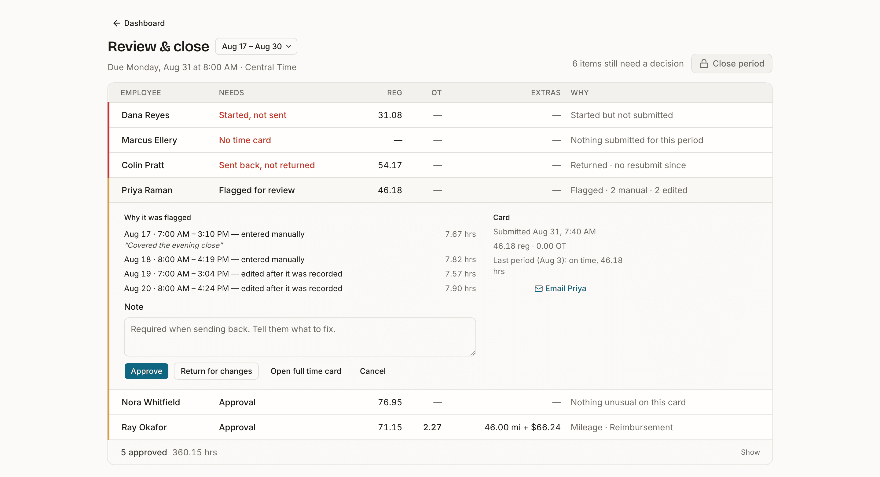 The review and close queue, with a flagged card expanded to show which entries were edited and when